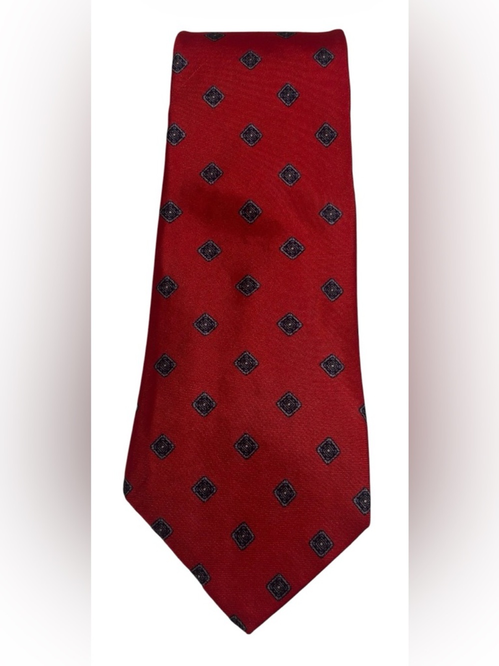 Christian Dior Red 100% Silk Tie with Navy Geometric Motif 56”